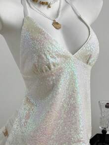 Elamini Áo croptop hai dây hở lưng cổ chữ V đính sequin gợi cảm, ngọt ngào và quyến rũ cho mùa hè. - Hồng - Xem 5