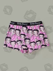 Betty Boop x SHEIN Pantalones cortos tipo boxer elásticos de cintura, casuales y cómodos para mujer - Rosa Fucsia - Ver 2