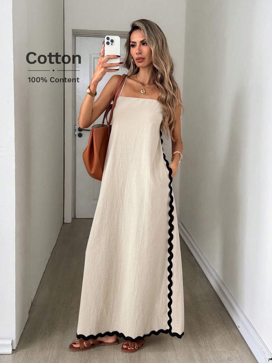 Easowa Đầm slip 100% cotton phối màu tương phản, dáng chữ A dài đến mắt cá chân, không tay, kiểu dáng thoải mái, thanh lịch, thích hợp cho nữ đi làm, đi nghỉ mát, mùa xuân/hè. - Màu be - Xem 1