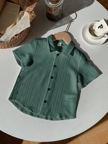 1 Piece Set Young Boys Summer White Short-Sleeved Shirt,Casual College Turn-Up Collar Loose Top,Kids Outfits For Back To School,Parties & Performances - Green - View 6