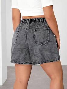 SHEIN EZwear 大码女式高腰口袋休闲百搭牛仔短裤 - 灰色 - 查看 2