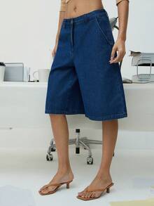 Hauture Quần jean nữ dáng dài, quần short, cạp thấp, phong cách công sở thường ngày, kiểu dáng cổ điển. - Màu xanh lam - Xem 4