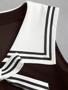 Sweetra 春夏新款女士优雅藏蓝色翻领复古修身连衣裙，百搭舒适休闲度假连衣裙，蓝色 - 棕色 - 查看 6