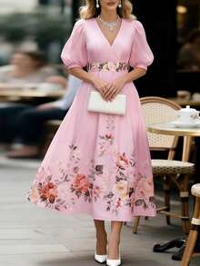 EMERY ROSE Floral Print V-Neck Elegant Long Dress - Baby Pink - View 5