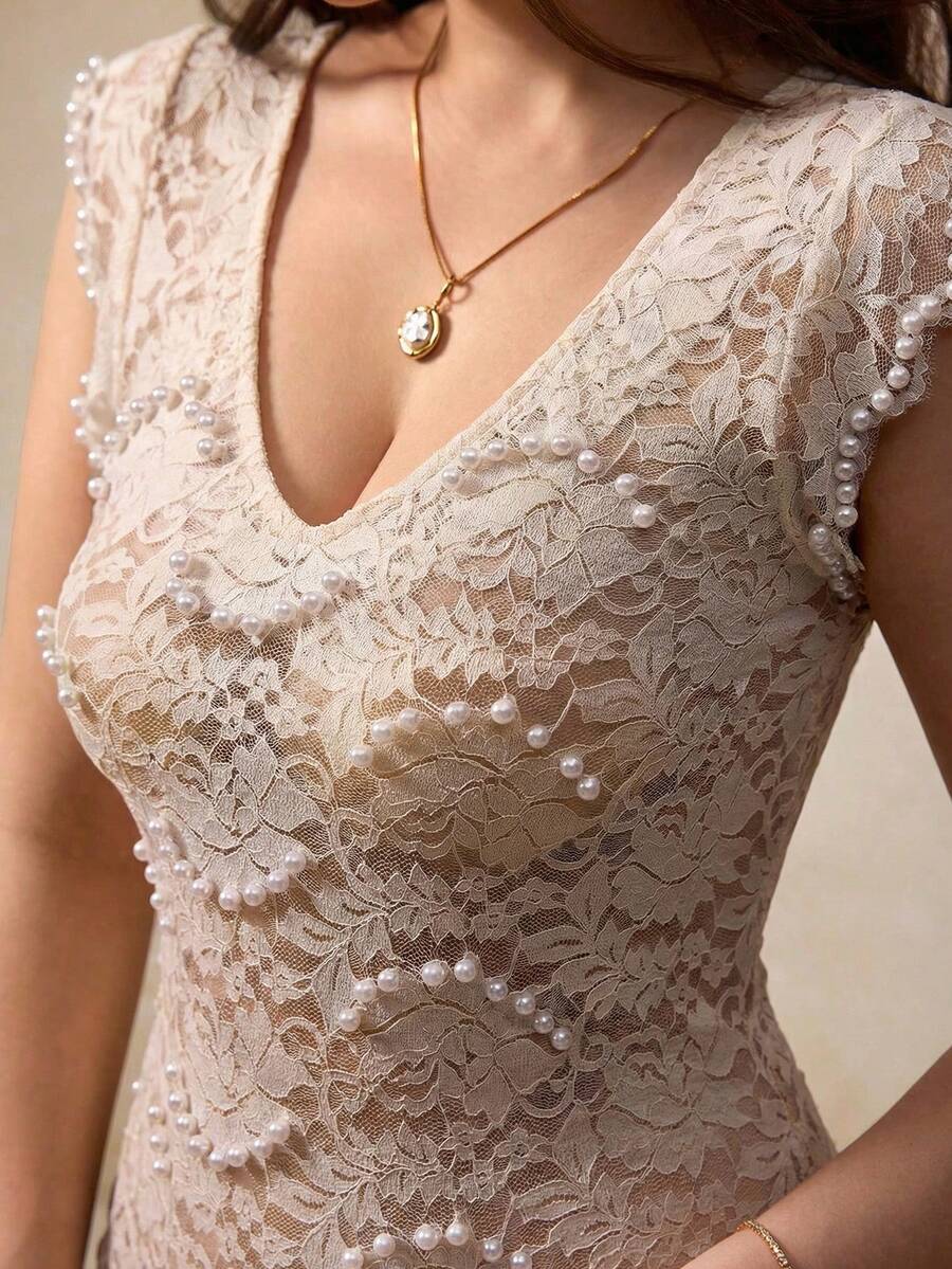 Elegantrix Women's Lace Ruffle Puff Sleeve Tight Fitting Top, French Casual Daily Wear, Spring/Summer - Apricot - View 1
