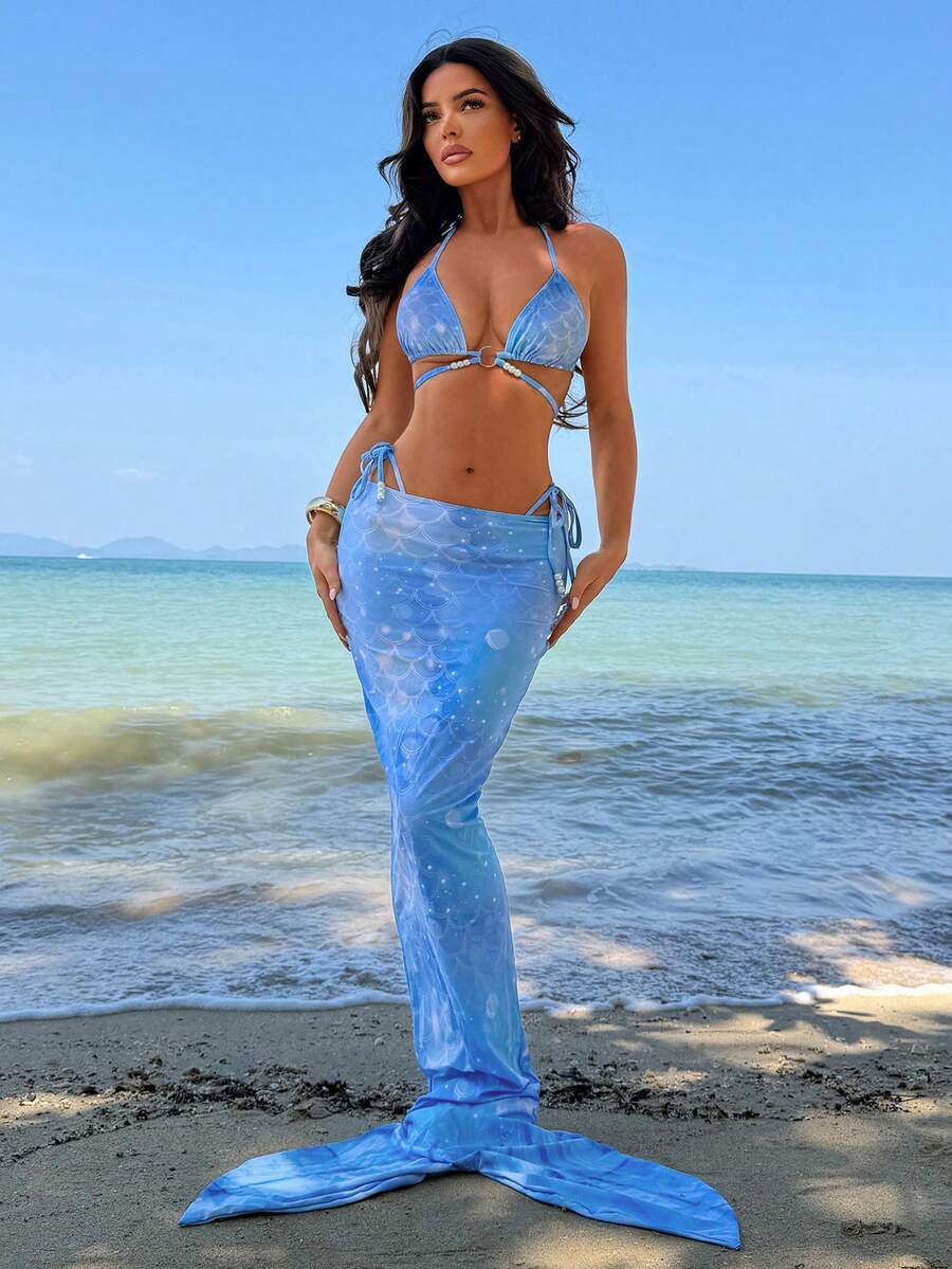 Swim SXY 新款美人鱼泳衣套装，蓝色渐变鱼鳞印花挂脖比基尼配美人鱼尾裙，女士度假套装，美人鱼泳衣，女士沙滩装，女士沙滩套装，两件套，女士夏季两件套 - 彩色 - 查看 1