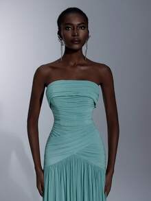 Elitara 优雅橄榄绿高弹针织褶皱胸部收腰鱼尾连衣裙，适合约会、度假、海滩、婚礼、单身派对、伴娘礼服（成人款） - 綠色 - 查看 1