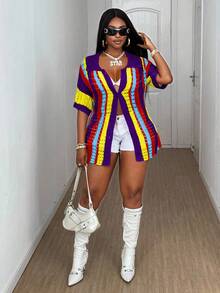Maweii Women's Knitted Cardigan,Half-Sleeve Button Semi-Transparent Top,Purple Summer Boho Vacation Pride Month Party Milkmaid Festival Rave Outfits - Multicolor - View 5