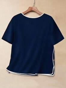 SHEIN LUNE Camisa de manga corta con botones y ribete de contraste para uso diario en tallas grandes - Azul Marino - Ver 2