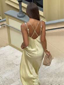 Aloruh 女款優雅高端淡黃色夏季熱帶風情雞尾酒會度假V領細肩帶珍珠裝飾露背緊身長洋裝 - 黃色 - 查看 3