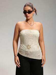 LYSMO Atasan Tube Top Wanita Ukuran Plus untuk Musim Panas dengan Hiasan Bunga dan Manik-manik serta Hem Asimetris - Khaki - View 5
