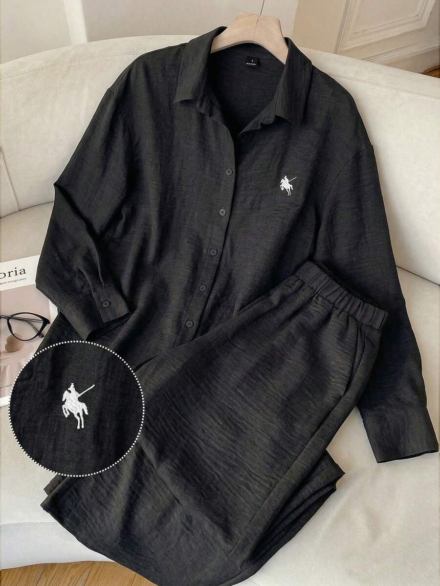 SHEIN EZwear 女士黑色梭织衬衫，饰有马匹刺绣，搭配休闲裤套装 - 黑色 - 查看 1