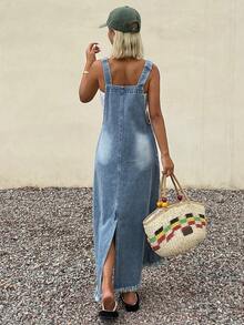 Bộ áo liền quần denim dáng rộng thoải mái dành cho nữ, có túi. - Màu xanh lam - Xem 2