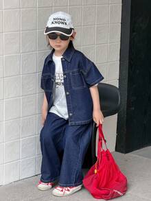 Dazy Kids Fashionable Young BoySummer Short Sleeve Outfit, Children Stylish Denim 2 Pieces Set (Small) - Navy Blue - View 6
