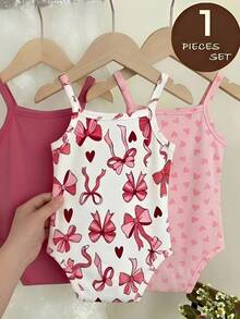 LMoss Kids Pink Cute Bow Heart Print Baby Girl Casual Bodysuit, Suitable For Spring & Summer Rompers For Baby Girl Baby Girls Clothes Summer - Pink - View 2