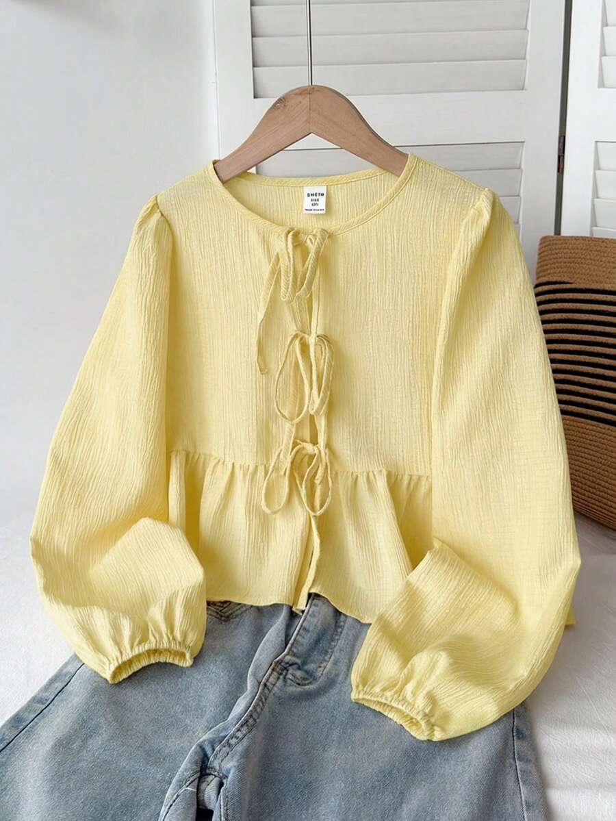SHEIN 少女休闲简约舒适圆领长袖蝴蝶结纹理面料衬衫,返校季 - 黃色 - 查看 1
