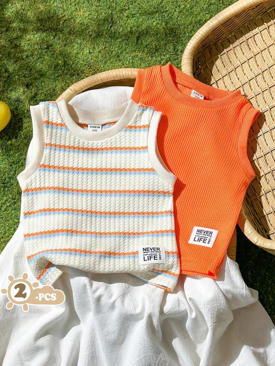 SHEIN Vintaside Kids Infant Boy's Fashionable Striped Waffle Design Sleeveless Vest 2 Pieces Set, Summer - Orange - View 1