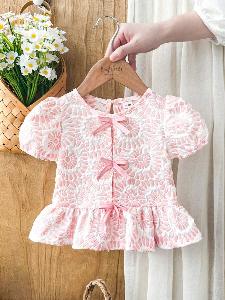 SHEIN Vintaside Kids 女婴衬衫，采用独特的印花面料，乡村度假风格，可爱时尚，适合春夏穿着，带有蝴蝶结装饰。 - 粉色 - 查看 1