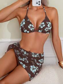 Swim Basics Set de 2 piezas Bikini de cuello de halter con estampado floral y mini falda con nudo - Multicolor - Ver 1