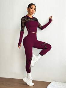 Slayform Slayform Setelan Olahraga Wanita Model Hoodie dan Legging dengan Motif Jala dan Tali Serut - Burgundy - View 5