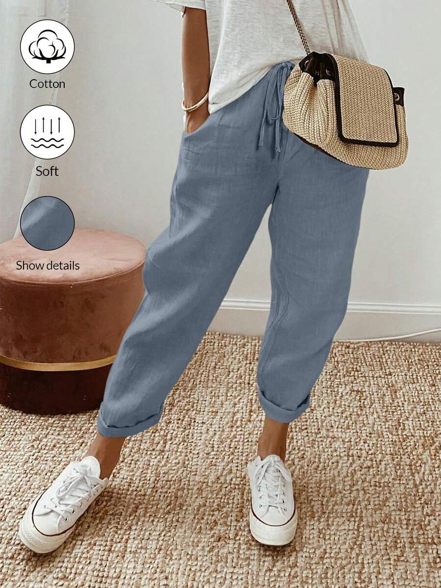 Breezaya Women Solid Color Drawstring Spring And Summer Long Pants - Blue - View 1