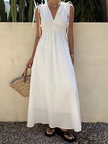 Livesso 优雅白色V领系腰棉质中长连衣裙，适合夏季度假和派对穿着 - Pearl White - 查看 7