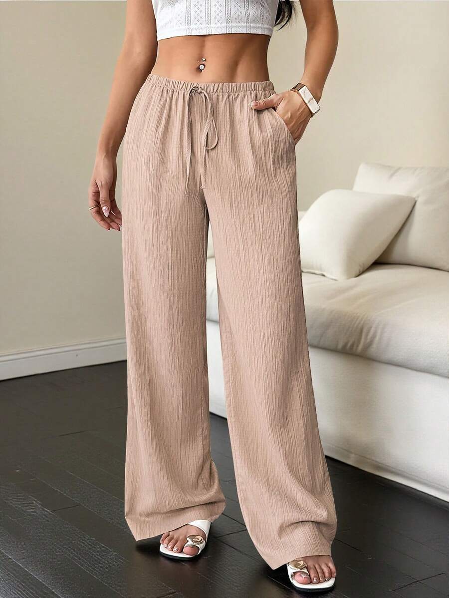 Flirla Petite Women's Casual Drawstring Elastic Waist Pocket Pants - Beige - View 1