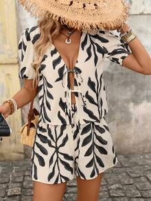 Brillora Women's Chiffon Printed Loose Shirt & Wide Leg Pants 2 Pieces Set, Spring/Summer Vacation - Multicolor - View 7