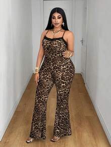 Maweii Modischer Jumpsuit in Große Größen im Y2K-Streetwear-Stil mit Leopardenmuster, Schwarz-Braun-Spitzen-Patchwork, eng anliegend, geeignet für Ausflüge, Musikfestivals, Partys, Urlaubsabende, Cluboutfits für Damen, Leopardenkleid, Kleid mit Spaghettiträgern, Urlaubsoutfit für Damen, Sommeroutfit für Damen, Outfit-Sets für Damen - Verschiedenfarbig - Übersicht 5