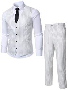 Manfinity Mode Men's Fashion Striped Single-Breasted Vest And Casual Pocket Pants Set - White - View 1
