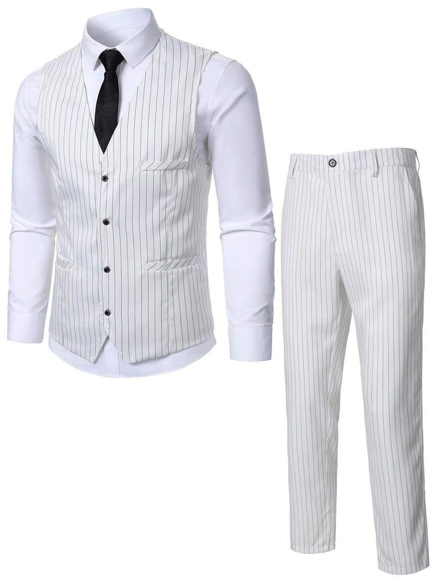 Manfinity Mode Men's Fashion Striped Single-Breasted Vest And Casual Pocket Pants Set - White - View 1