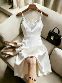 Franclia Women's Casual V-Neck Sequin Patchwork Satin White Camisole A-Line Dress Sequin Detail Dress Spaghetti Strap Dress For Women Elegant Party Dresses For Women Elegant - White - View 9