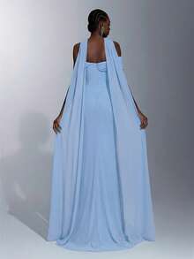 Elitara Elegant Luxurious Stretchy Knit Ruched Sleeve Twist Design Halter Slit Fishtail Dress, Suitable For Weddings, Events, Singles Parties, Vacations, Galas, Formal Occasions - Baby Blue - View 2