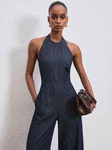 ATUI Studio Women's Casual Sexy Backless Halter Neck Denim Jumpsuit With Side Pockets, Suitable For Summer Vacation - Navy Blue - View 2