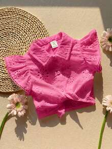SHEIN 女宝宝可爱夏季度假白色花卉刺绣领短袖衬衫 - 玫紅色 - 查看 5
