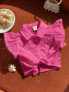 SHEIN 女宝宝可爱夏季度假白色花卉刺绣领短袖衬衫 - 玫紅色 - 查看 6