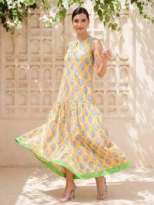 LOTSLUV 女士黄色碎花撞色绿色印花圆领无袖低腰开衩宽松印花连衣裙，春夏款 - 黃色 - 查看 1
