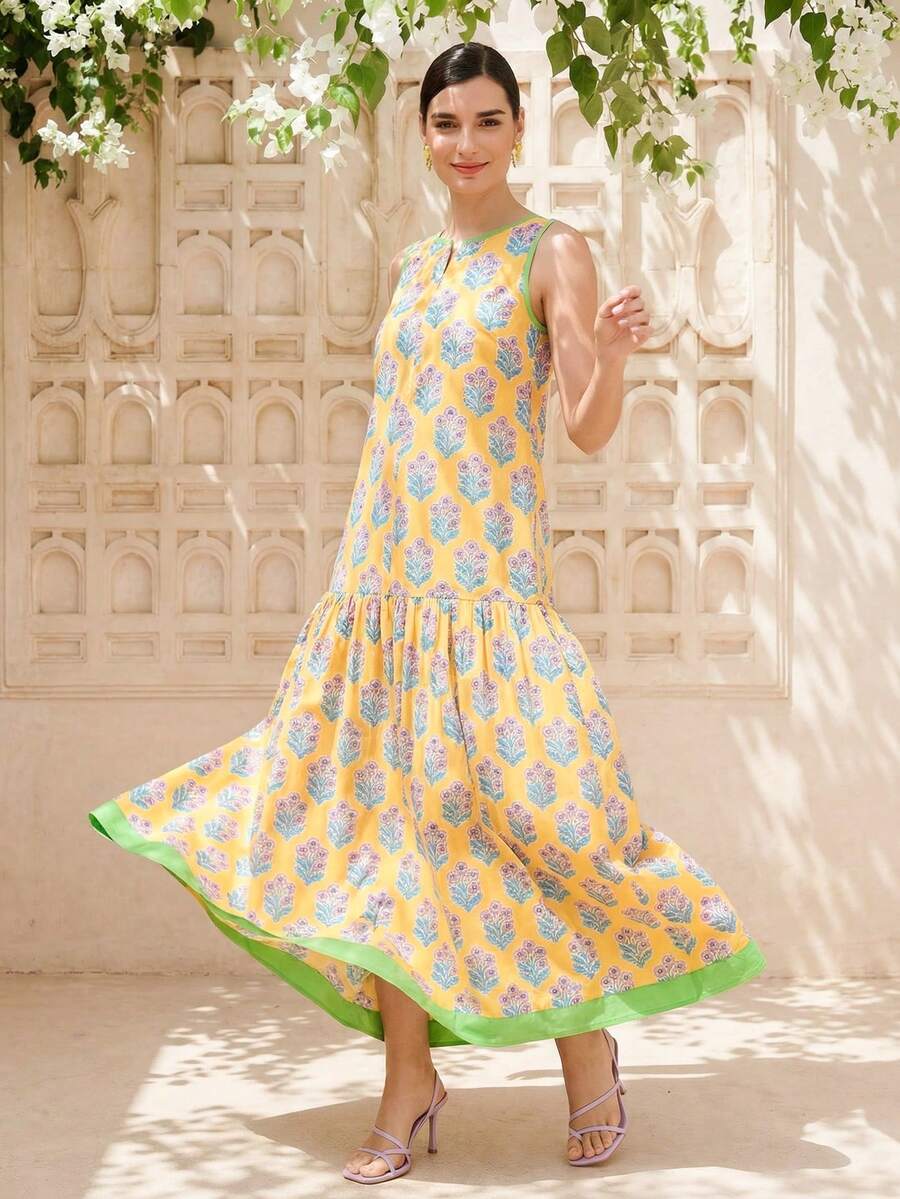 LOTSLUV 女士黄色碎花撞色绿色印花圆领无袖低腰开衩宽松印花连衣裙，春夏款 - 黃色 - 查看 1