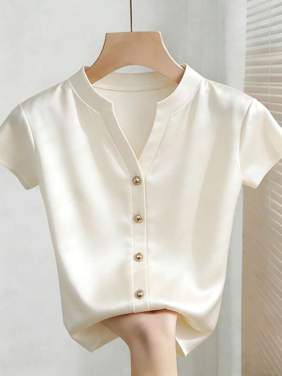 Franclia Elegant & Fashionable Notched Collar Button-Up Short Sleeve Shirt, Summer - Apricot - View 1