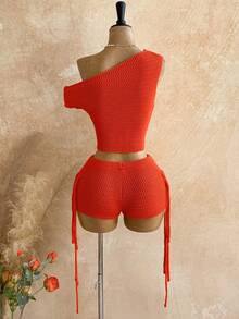Soleia Bộ 2 món gồm áo croptop dệt kim lệch vai màu trơn và quần short dệt kim có tua rua dành cho nữ. - trái cam - Xem 2