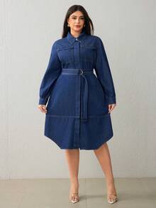 Selenza Plus Size Women's Fashion Denim Belted Dress Winter New Year - Dark Wash - View 7