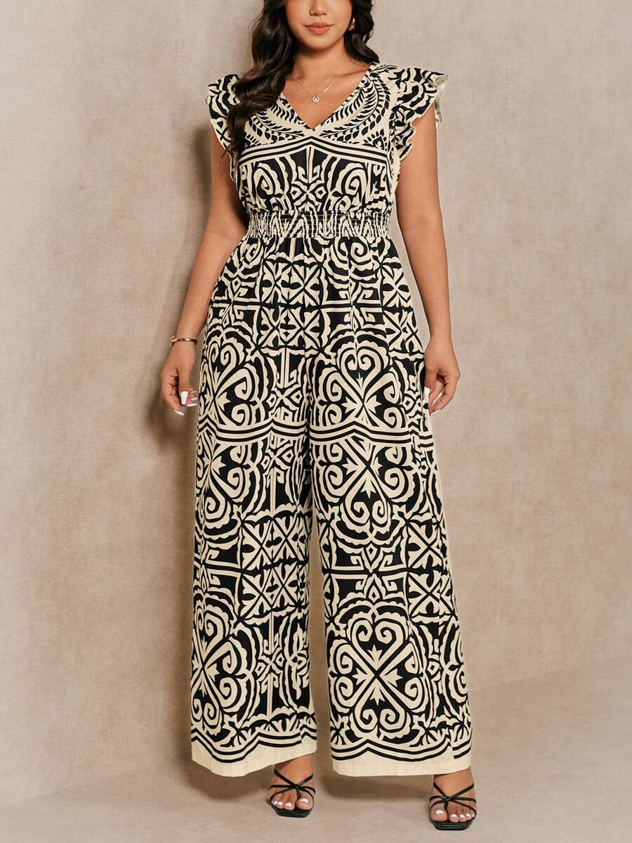 SHEIN LUNE Apricot V-Neck Cap Sleeve Vintage Geometric Pattern Plus Size Jumpsuit - Apricot - View 1