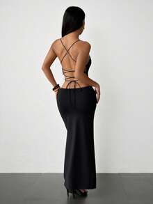 SHEIN PETITE Đầm midi nữ thanh lịch hở lưng, thắt eo, xẻ tà - màu đen - Xem 11