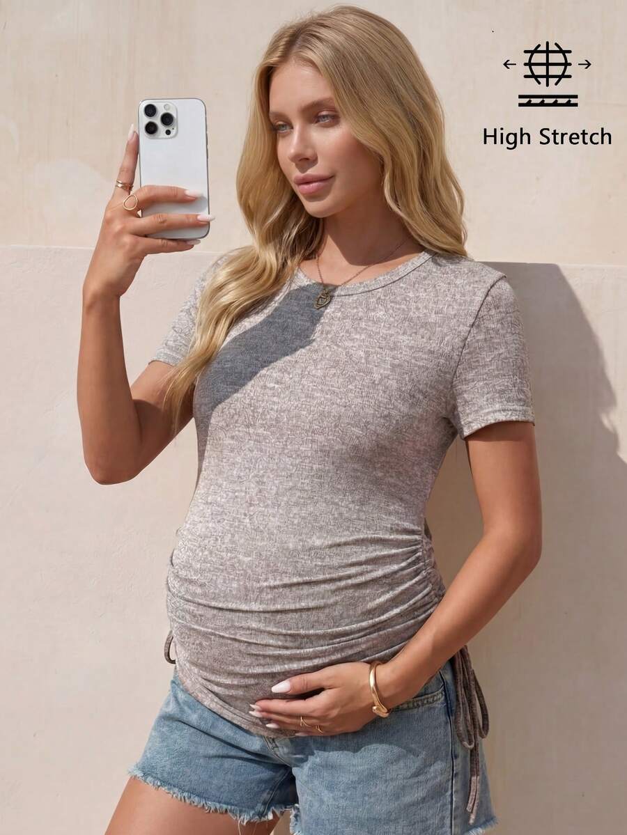 Maternity Solid Color Round Neck Pleated Casual Versatile Daily Short Sleeve T-Shirt - Khaki - View 1