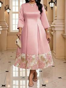 Fleurora Plus Size Women Dusty Pink Jacquard Round Neck 3/4 Sleeve Elegant Midi Dress For Autumn,Formal Wedding Guest Party,Luxury Evening Special Occasions - Pink - View 4