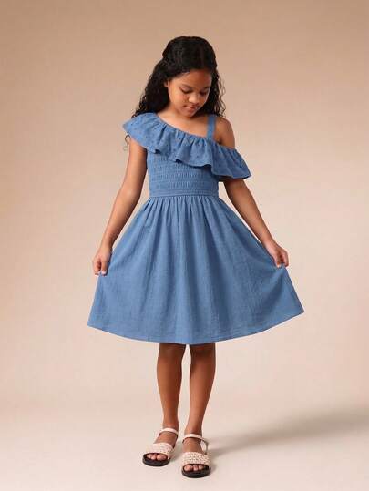 SUMWON Vestido midi casual de verano de una sola manga con detalle de volante de ojal y cintura fruncida para niñas preadolescentes, vestido azul sin mangas con silueta en A