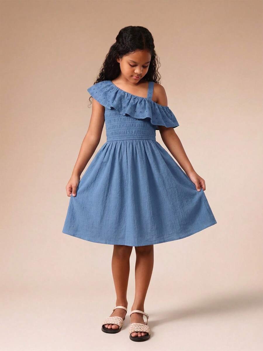 SUMWON Đầm midi lệch vai, eo nhún bèo, chi tiết ren thêu lỗ, màu xanh dương, kiểu dáng thường ngày, dành cho bé gái tuổi teen. - Màu xanh lam - Xem 1