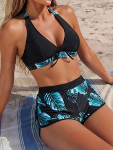SHEIN Swim Tropical Print Halter Bikini,Summer Beach - Mint Blue - View 4