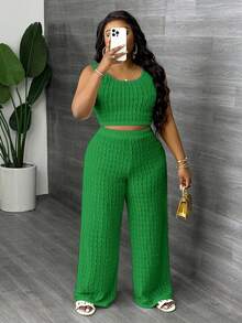 Slaydiva Plus Size Solid White Long Casual Vest And Wide Leg Pants 2 Pieces Set, Spring/Summer - Green - View 6