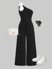 SHEIN Girlism 少女可愛優雅黑白波點不對稱單肩修身連身褲，附3D花朵裝飾，夏季生日派對婚禮度假洋裝 - 黑色 - 查看 3